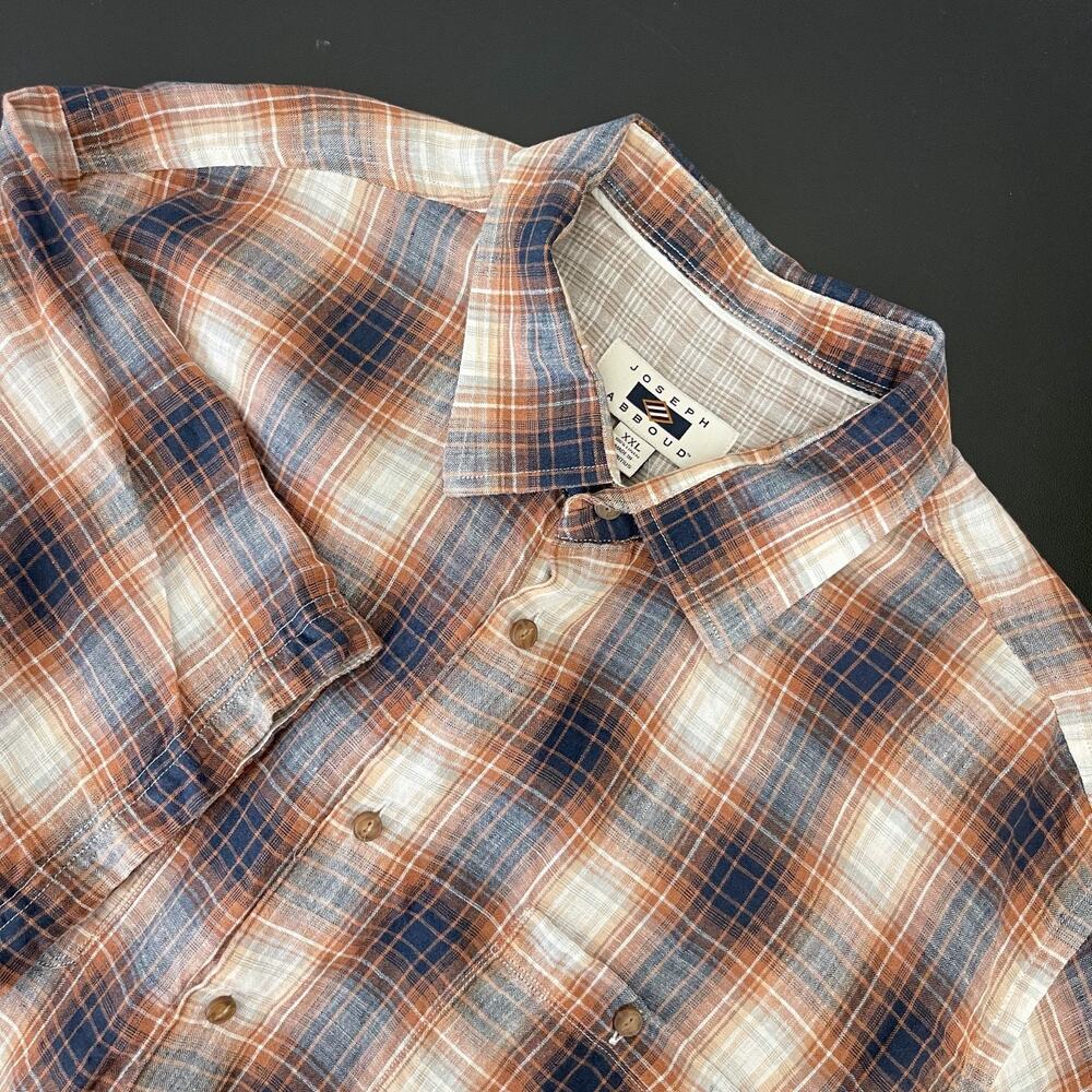 Joseph Abboud 100% Linen Shirt Mens XXL Plaid Short Sleeve Button Up Summer